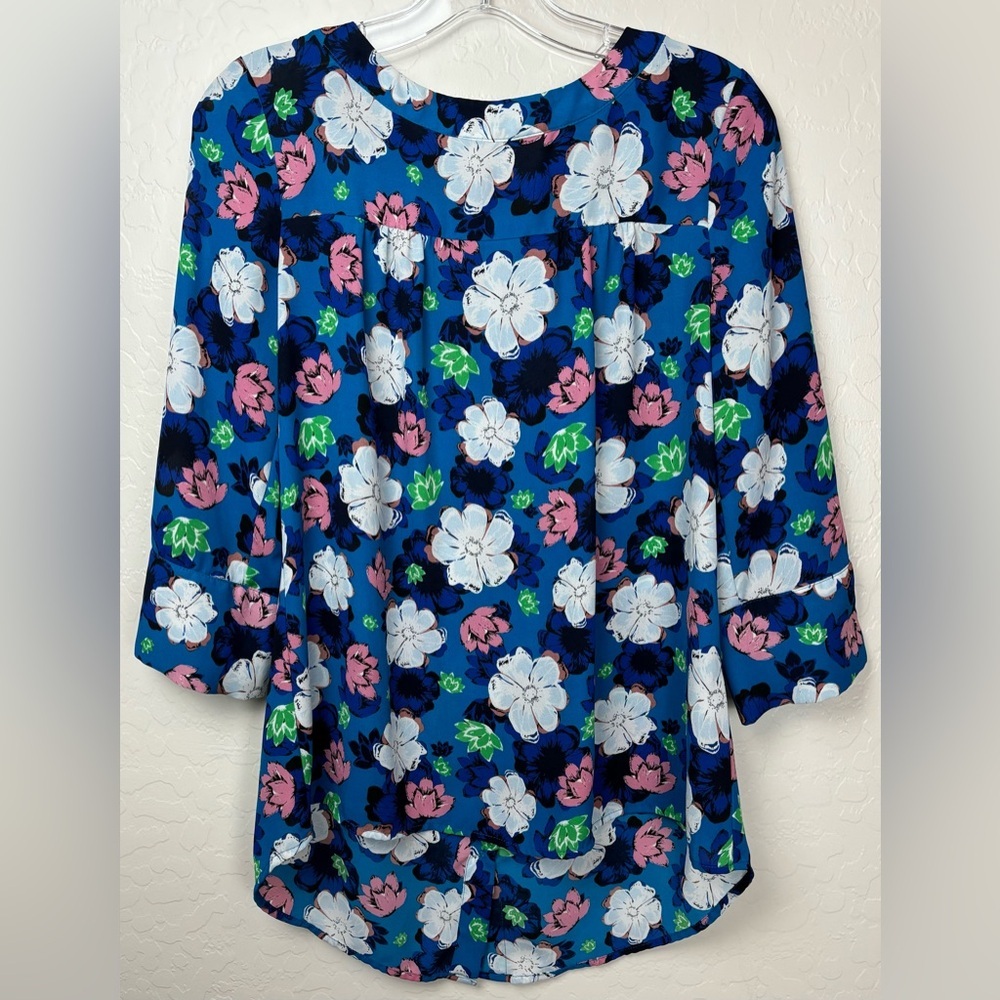 Banana Republic Floral Button Front Blouse Blue Pink 3/4 Sleeve Small 0724‎